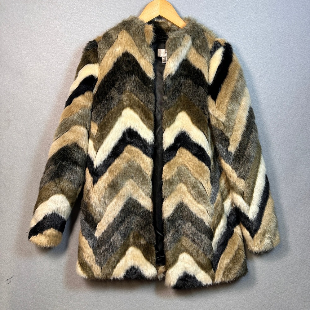 Amuse Society Womens Chevron Faux Fur Coat Olive Tan Black Open Front Small